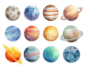 Watercolor Planets Set: Celestial Bodies Collection, PNG