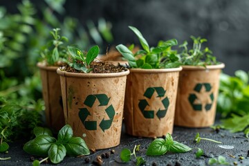 A collection of eco-friendly plant pots featuring fresh herbs, highlighted with recycling symbols, conveying a strong message about sustainability and a greener lifestyle.