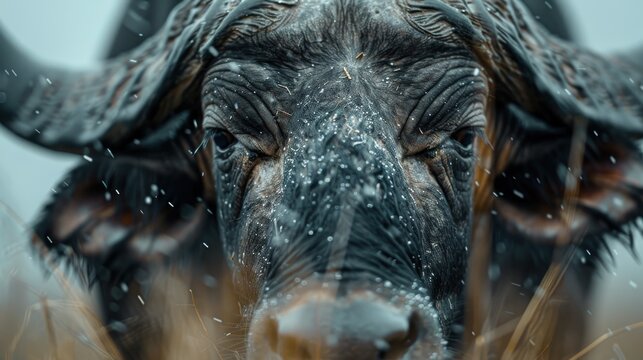 A striking close-up of a water buffalo showcasing its expressive eyes and wet fur against a blurred natural backdrop, conveying resilience and a connection to nature.