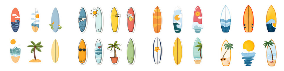 Collection of colorful surfboard icons and