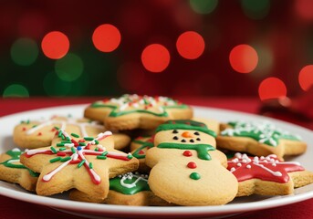Christmas cookies with icing and sprinkles, festive red and green background