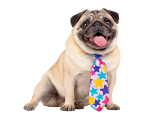 Cute Pug dog wearing a tie with colorful stars, sitting with happy expression isolated on a transparent background