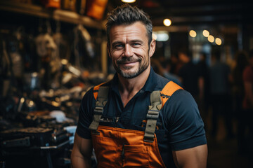 A strong man with a charming smile poses in a workshop surrounded by tools, representing craftsmanship, confidence, and the dedication involved in skilled trades.