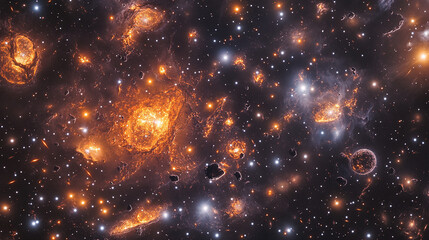 Bright Stellar Nebulas and Asteroid Clusters in Deep Space