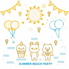 A cute vector set of funny cartoon animals celebrating a happy birthday party with balloons, flowers, and hearts, perfect for baby and kids' greeting card design