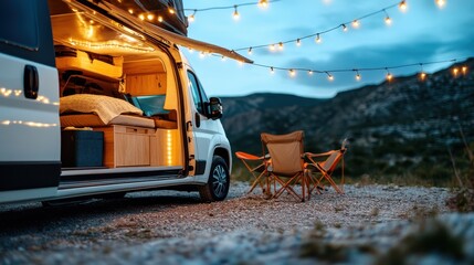 A cozy camper van setup with warm lights and outdoor seating, creating an inviting atmosphere for relaxation and adventure in the great outdoors under twilight skies.