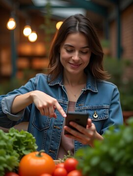 Woman points at smartphone, surrounded