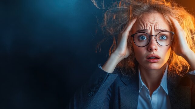 A young woman with disheveled hair, wearing glasses and a suit, expresses deep stress and confusion, highlighting the emotional challenges in a modern professional environment.