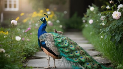 Obraz premium Magnificent peacock displaying vibrant feathers in a lush garden setting surrounded by blooming flowers and soft sunlight