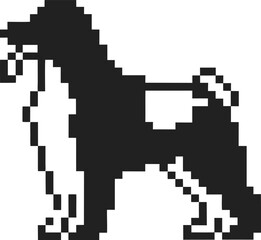 Pixel art poodle silhouette retro eight bit black and white dog illustration, vintage digital graphic for pets and animals