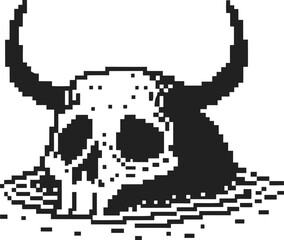 Pixel art horned skull submerged in dark liquid retro black and white illustration for fantasy, horror, gaming, or gothic themes