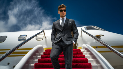 Businessman exudes confidence while standing on luxurious red carpet steps of private jet. Clear blue sky adds elegance to the upscale setting. Concept of luxury travel, business aviation, lifestyle