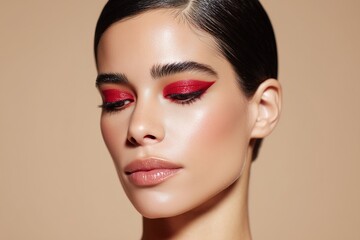 Fototapeta premium Bold Beauty Portrait with Matte Red Eyeshadow and Slicked Hair Against Neutral Backdrop