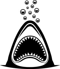Aggressive shark mouth wide open underwater, toothy jaws and bubbles rising, ocean predator danger symbol illustration