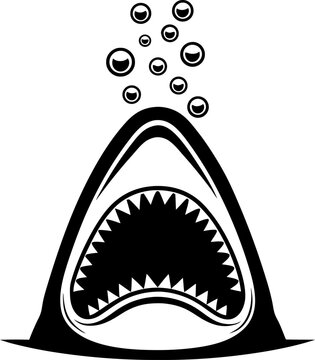Aggressive shark mouth wide open underwater, toothy jaws and bubbles rising, ocean predator danger symbol illustration