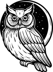 Fototapeta premium Nocturnal owl perched under night sky, detailed black and white illustration with stars and crescent moon background