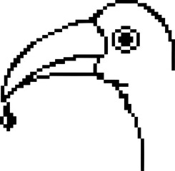 Fototapeta premium Minimalist black and white pixel art bird profile with long curved beak holding small round object, simple digital line art