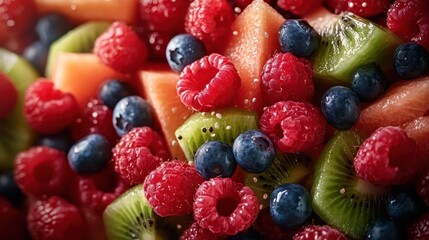 Fototapeta premium A vibrant assortment of berries and melon pieces beautifully arranged, showcasing the deliciousness and freshness of nature's sweet offerings in a colorful display.