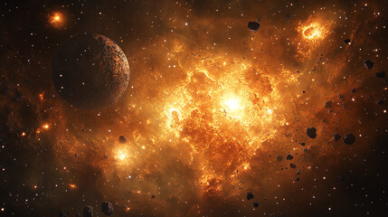 Planet and Asteroids in Fiery Cosmic Explosion