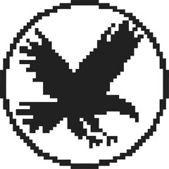 Obraz premium Pixel art black crow flying in silhouette, centered inside a round border minimalist retro bird icon, bold monochrome