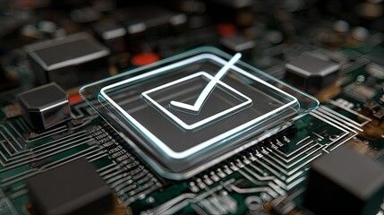 Cybersecurity Check Mark: A close-up shot of a microchip with a glowing checkmark symbol overlaid, signifying data security and system validation.