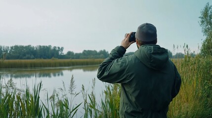 Man Observes Tranquil Waterscape Through Binoculars on a Misty Day