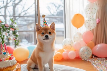 Shiba Inu celebrating birthday with balloons and cake
