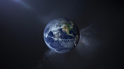 Fototapeta premium Realistic depiction of planet earth in space showcasing continents oceans and atmospheric details rendered with stunning visual quality.