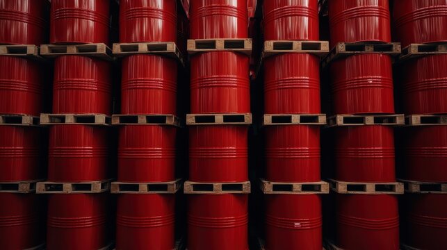 This image captures a tightly packed arrangement of red barrels on wooden pallets, evoking a sense of industrial storage and bulk supply readiness in a warehouse setting.