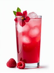 Delicious Fruity Beverage Clear Glass Filled with Raspberry Hibiscus Iced Tea and Flower