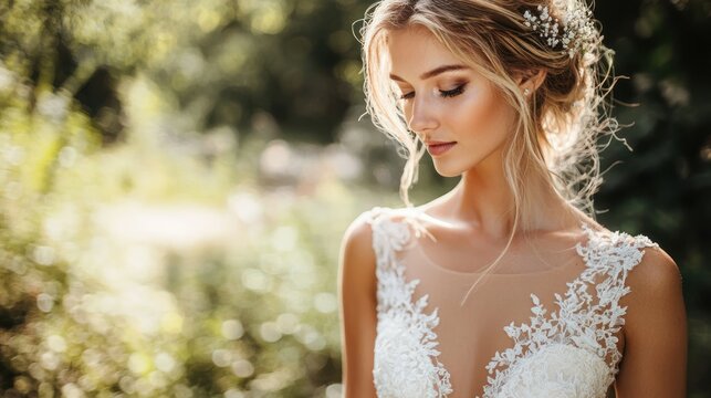 A bride with a white lace wedding dress and a floral headpiece, standing in a lush green garden with sunlight filtering through the leaves.
