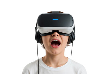 Person wearing a virtual reality headset with headphones and an open mouth on a black background on transparent background