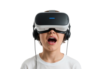 Person wearing a virtual reality headset with headphones and an open mouth on a black background on transparent background