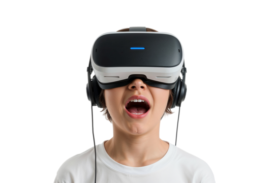 Person wearing a virtual reality headset with headphones and an open mouth on a black background on transparent background