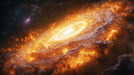 Bright Spiral Galaxy with Glowing Starry Clouds in Space