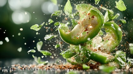 An artistic capture of green pepper and spices explosively flying in the air, representing the dynamic nature of cooking and the vibrancy of culinary art.