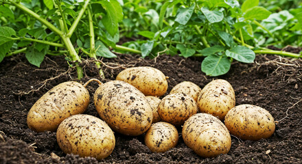 Potatoes harvested from soil with green leaves in the garden  