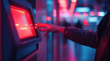 A futuristic ATM scanning a user's palm for secure transactions