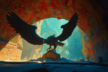 Eagle statue guards ancient temple entrance