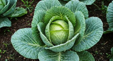 Fresh green cabbage growing in a garden with wet soil  