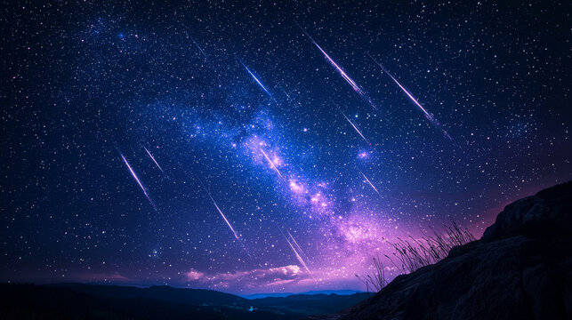 Vibrant and colorful night sky with multiple meteors and stars, showcasing a stunning cosmic display of shooting stars and celestial beauty - Powered by Adobe