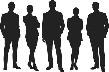 Diverse professional business people silhouettes, including men and women in various poses, representing corporate teams, leadership, and diverse workforce concepts.