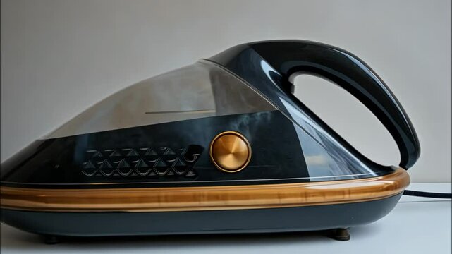 Modern handheld steam iron in black and gold placed on white surface with bright light
