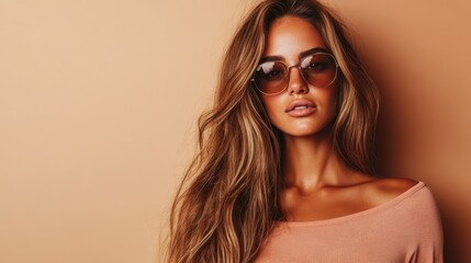 An elegant woman poses in chic sunglasses, showcasing her stunning long hair and flawless makeup against a soft peach background, exuding confidence and style.