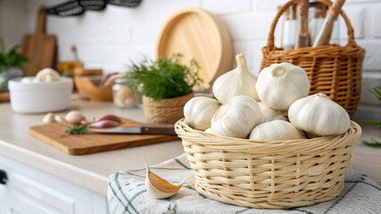 Some Garlic bulb in basket on board in kitchen, Garlic in basket in kitchen room