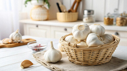 Some Garlic in basket on board in kitchen room, Garlic bulb in basket in kitchen