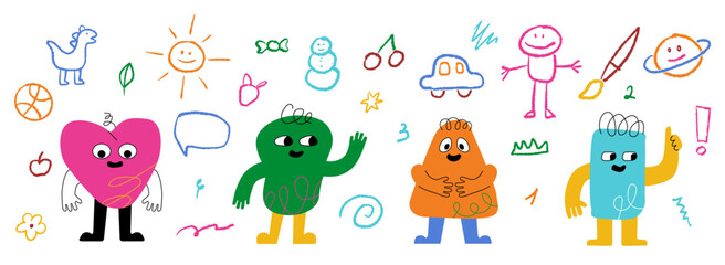 Various individual monsters on the background of children's doodles. Vivid elements of kindergarten design.