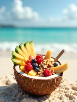 Tropical fruit bowl with coconut and granola on the beach