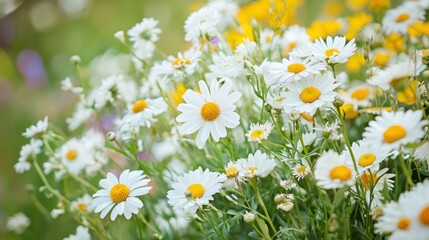 Fototapeta premium A vibrant flower garden with white and yellow daisies in full bloom, set against a blurred green background.