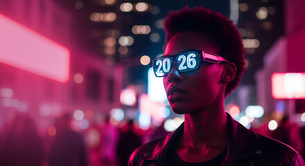 African American woman wearing backlit glasses showing "2026" with festive and futuristic mood, celebrating at night against glowing pink and purple city lights with copy space